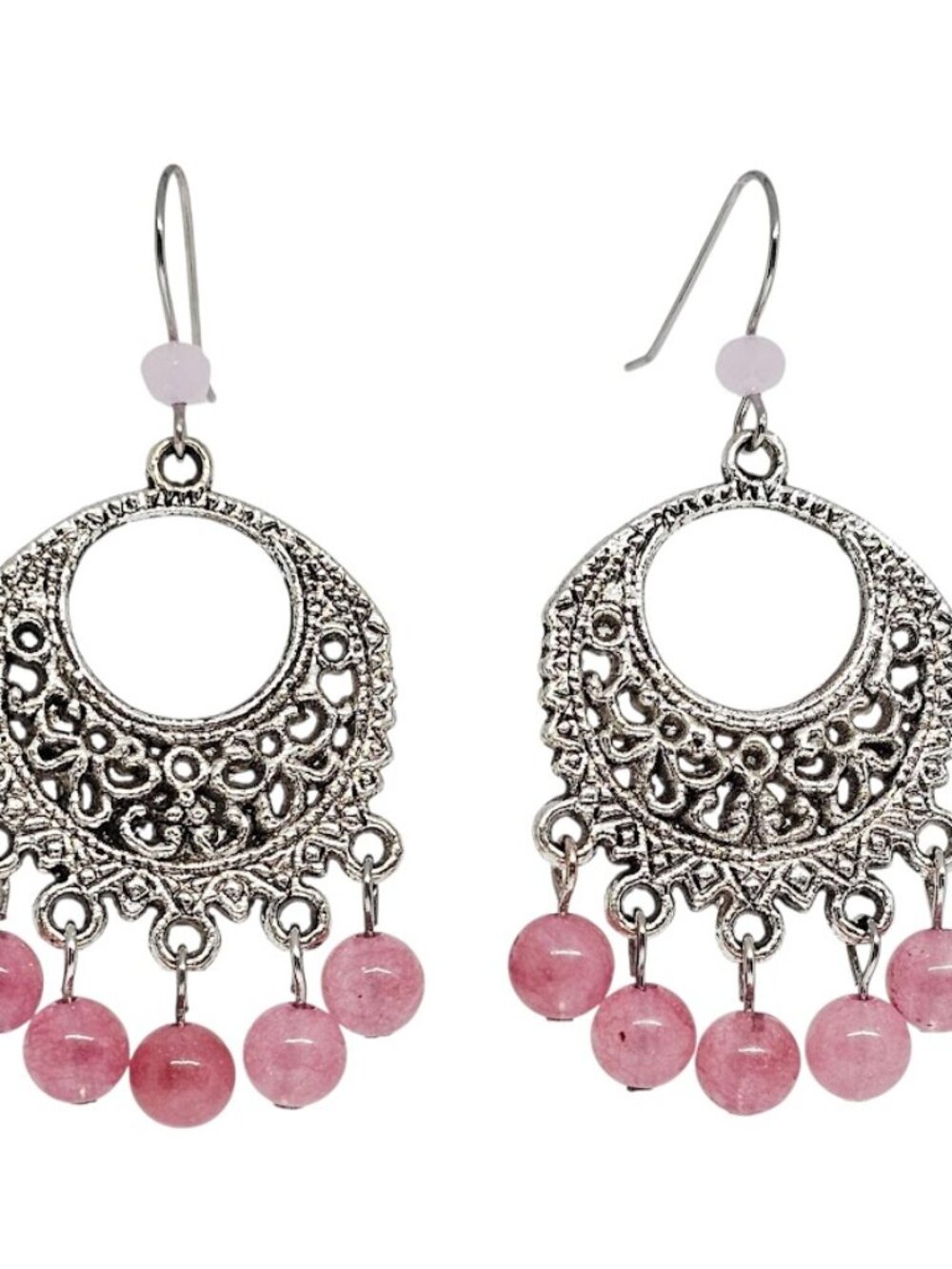 Handmade Pink Strawberry Quartz Beaded Silver Chandelier Dangle Boho Earrings